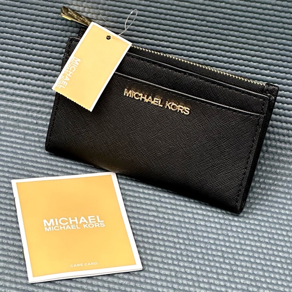Michael Michael Kors Womens Small Zip Leather Wallet Card Case Jet Set Black NWT - Picture 5 of 17
